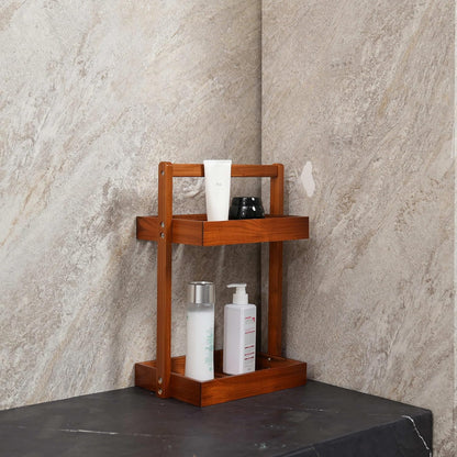 2 Countertop, Utoplike Teak Wood Shower Caddy Corner, Tier Bathroom Organizer Standing Shower Rack with Handle, Stand