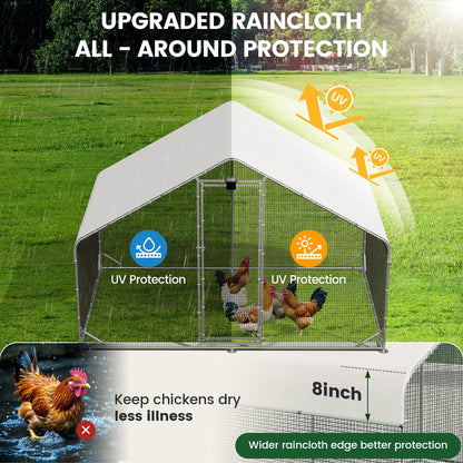 Large Walk-in Metal Chicken Coop with Chicken Run & Hardware Cloth, Solar Light, Waterproof & UV-Resistant Cover, Outdoor Poultry Cage for Farm Use