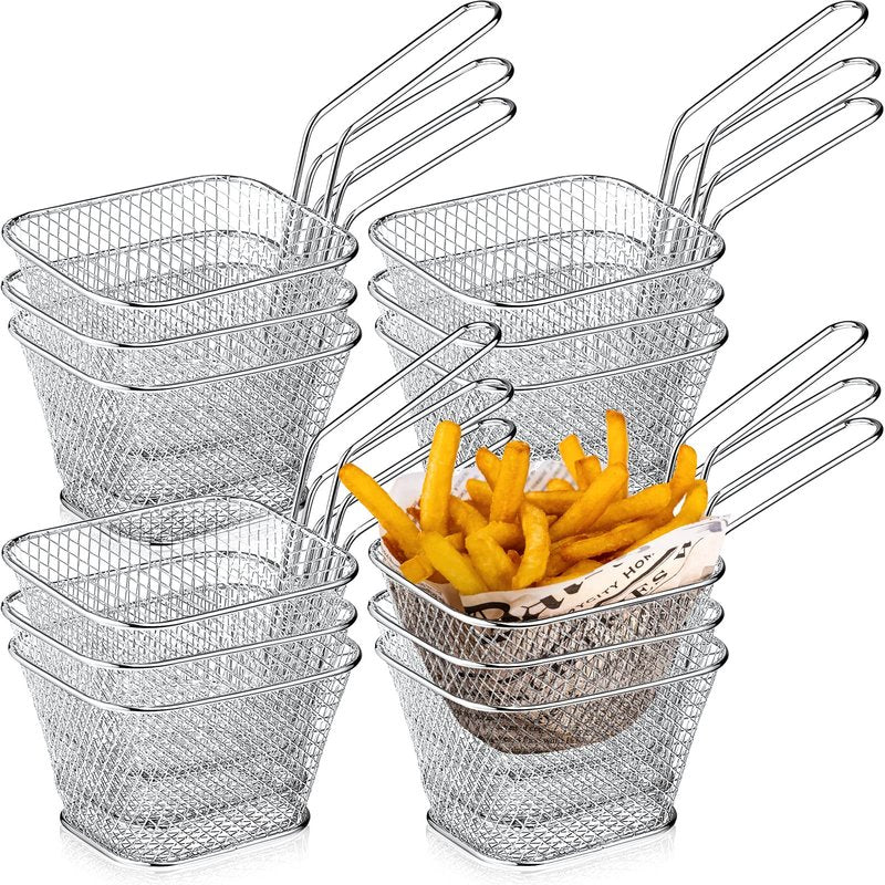 36 Pcs Mini Square Fry Basket with Handle Chrome French Fry Holder Chip Food Presentation Baskets Net Potato Cooking Tool for Food Table Serving Oil Residue Filtration
