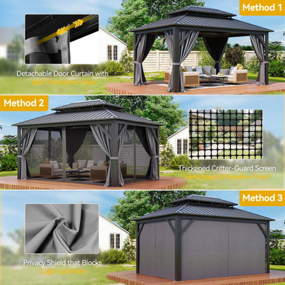 DWVO Hardtop Gazebo with Nettings and Curtains, Heavy Duty Galvanized Steel Outdoor Vertical Stripes Roof for Patio, Backyard, Deck, Lawns, Gray, 16x12ft
