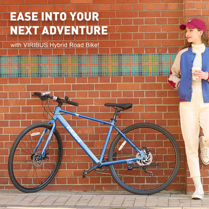 VIRIBUS Hybrid Bikes, 28 inch Road Bike for Tall Men, Lightweight Aluminum 700C City Bike Adults, 7 Speed Mens Commuter Bicycles, Hybrid Bicycle Men, Blue Large