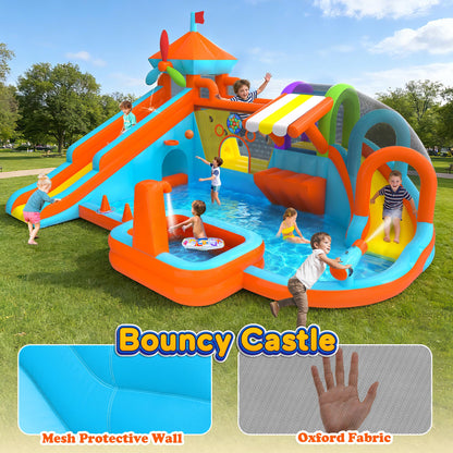 Inflatable Bounce House with Double Slide, 10 in 1 Large Bounce Castle with 750W Blower, Water Slide, Jumping, Splash Pool, Climbing Wall, Toy Stand, Water Cannon, Basketball, Tunnel, Outdoor, Orange