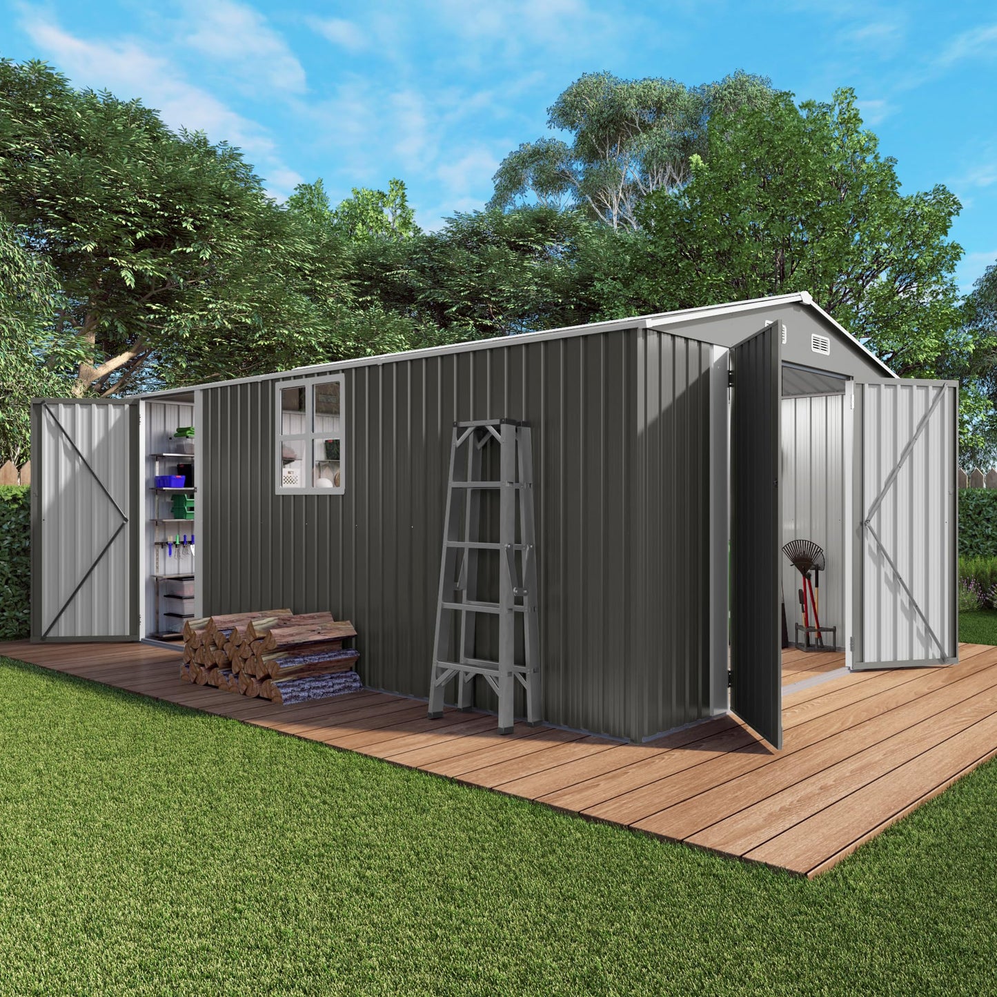 Vigo huseeo 10x14x6.7FT Outdoor Storage Shed, Galvanized Steel Garden Shed with Lockable Door & Window, Waterproof Metal Tool Storage for Garden, Backyard, Patio, Lawn(Grey)