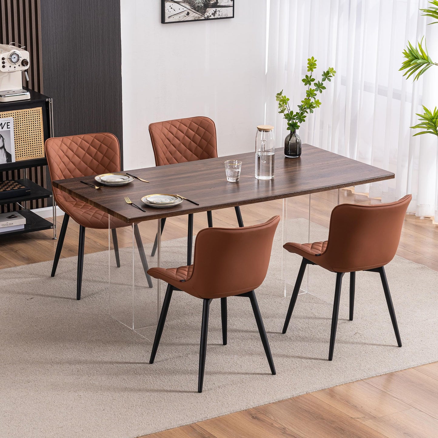 YOUTASTE Mid-Century Modern Dining Chairs Set of 2, Coffee Brown PU Leather Kitchen Accent Chair with Black Metal Legs, for Living Room, Guest Room, Waiting Area