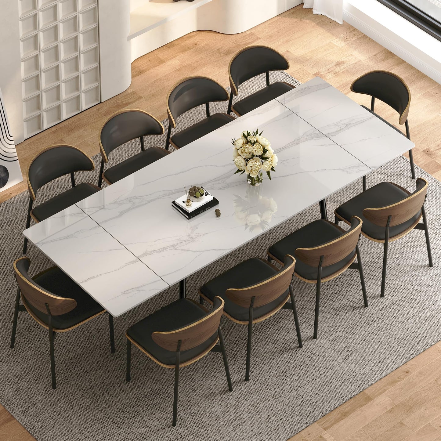 62.9"–94.4" Extendable Sintered Stone Dining Table for 6–10, Modern White Rectangular Kitchen Table with Stainless Steel Legs, Heat & Scratch Resistant, for Indoor & Outdoor Use