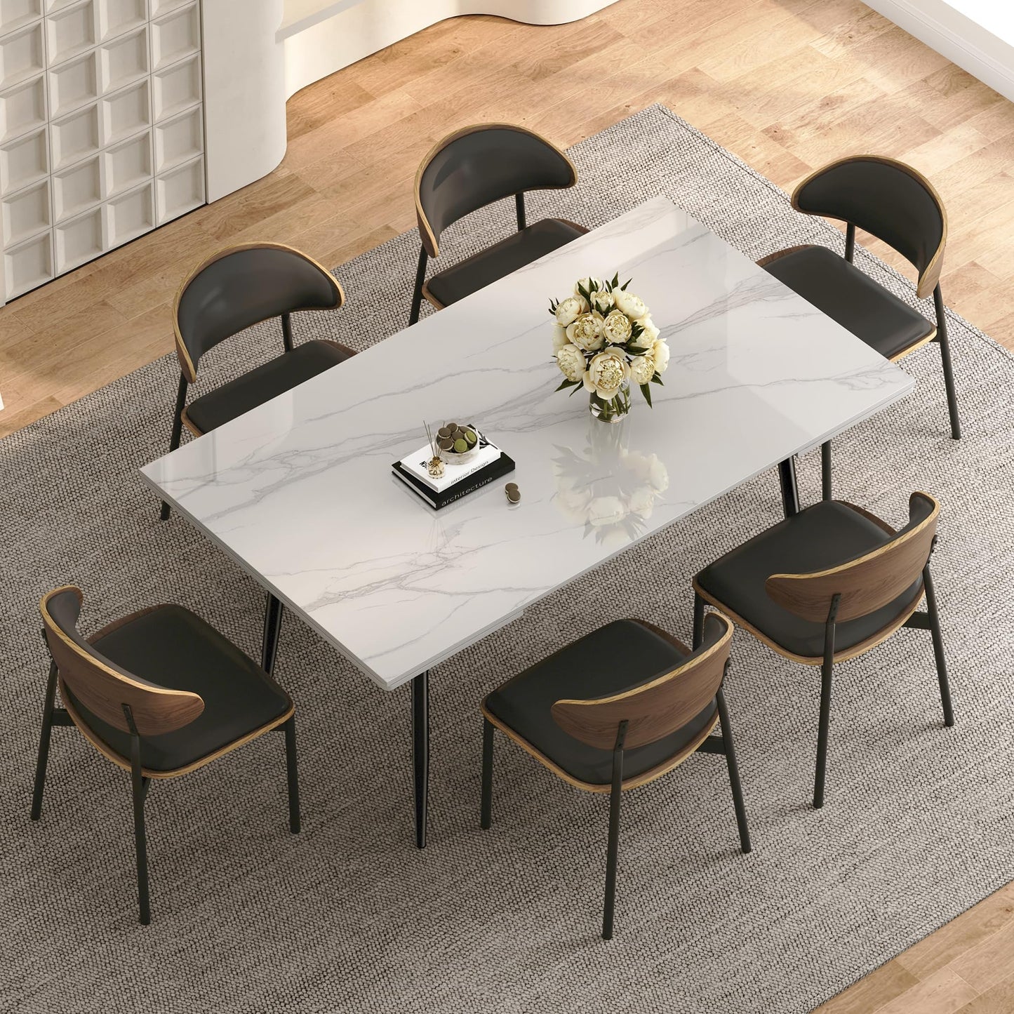 62.9"–94.4" Extendable Sintered Stone Dining Table for 6–10, Modern White Rectangular Kitchen Table with Stainless Steel Legs, Heat & Scratch Resistant, for Indoor & Outdoor Use