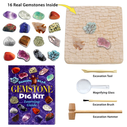 DANCING BEAR Gem stone Dig Kit, Excavate 16 Real Gems & Crystals including Arrowheads, Quartz Point and Amethyst, STEM Education for Kids, Fun Rock Mining Science Activity Gift Sets for Girls and Boys