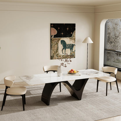 86" Modern Rectangular Dining Table for 8-10, Glossy Kitchen Table with Glossy White Glossy Sintered Stone Tabletop, and Black Stainless Steel Base (Table Only)