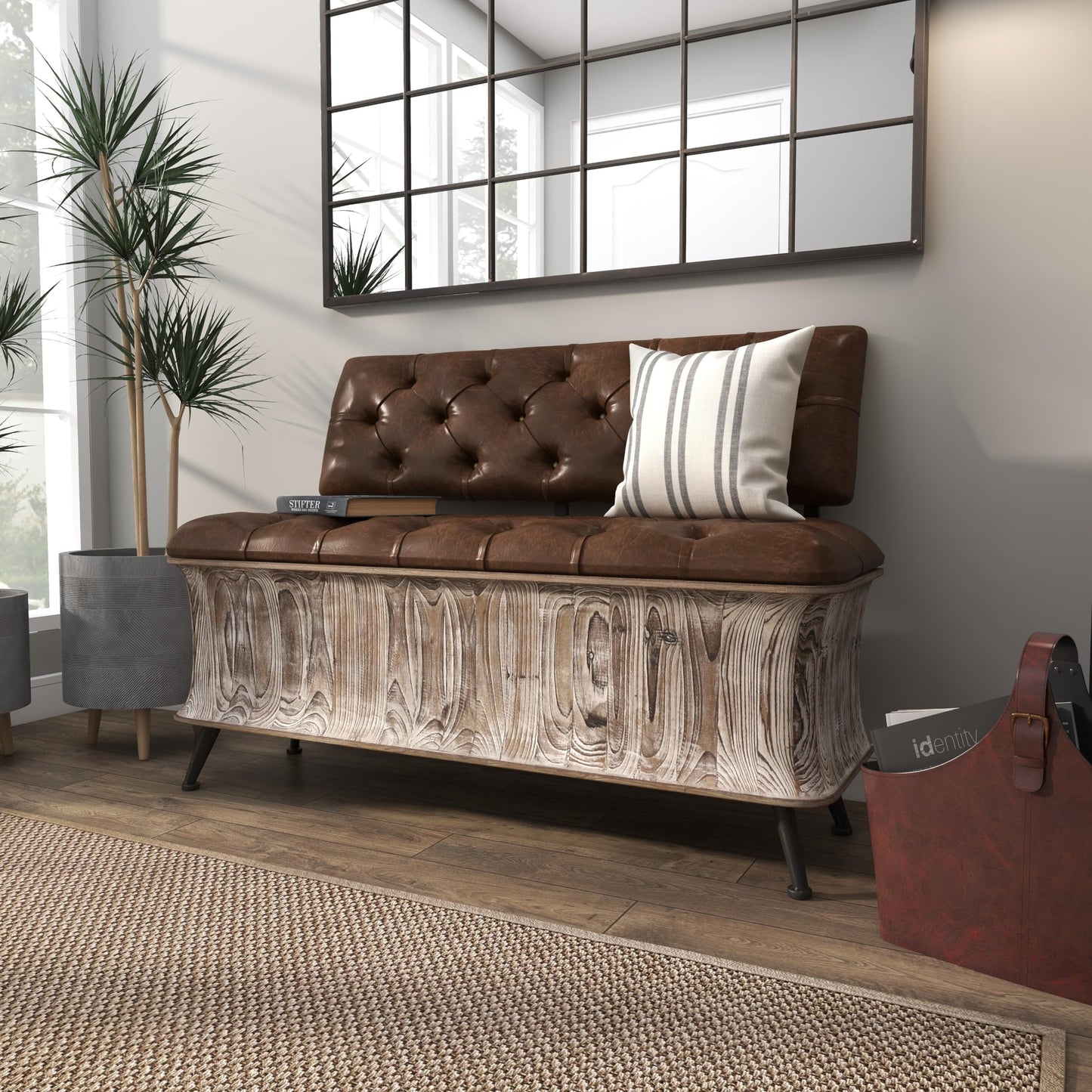 Deco 79 Wood Room Storage Bench Entryway Bench with Tufted Faux Leather Seat and Back, Bench 47" x 20" x 32", Brown