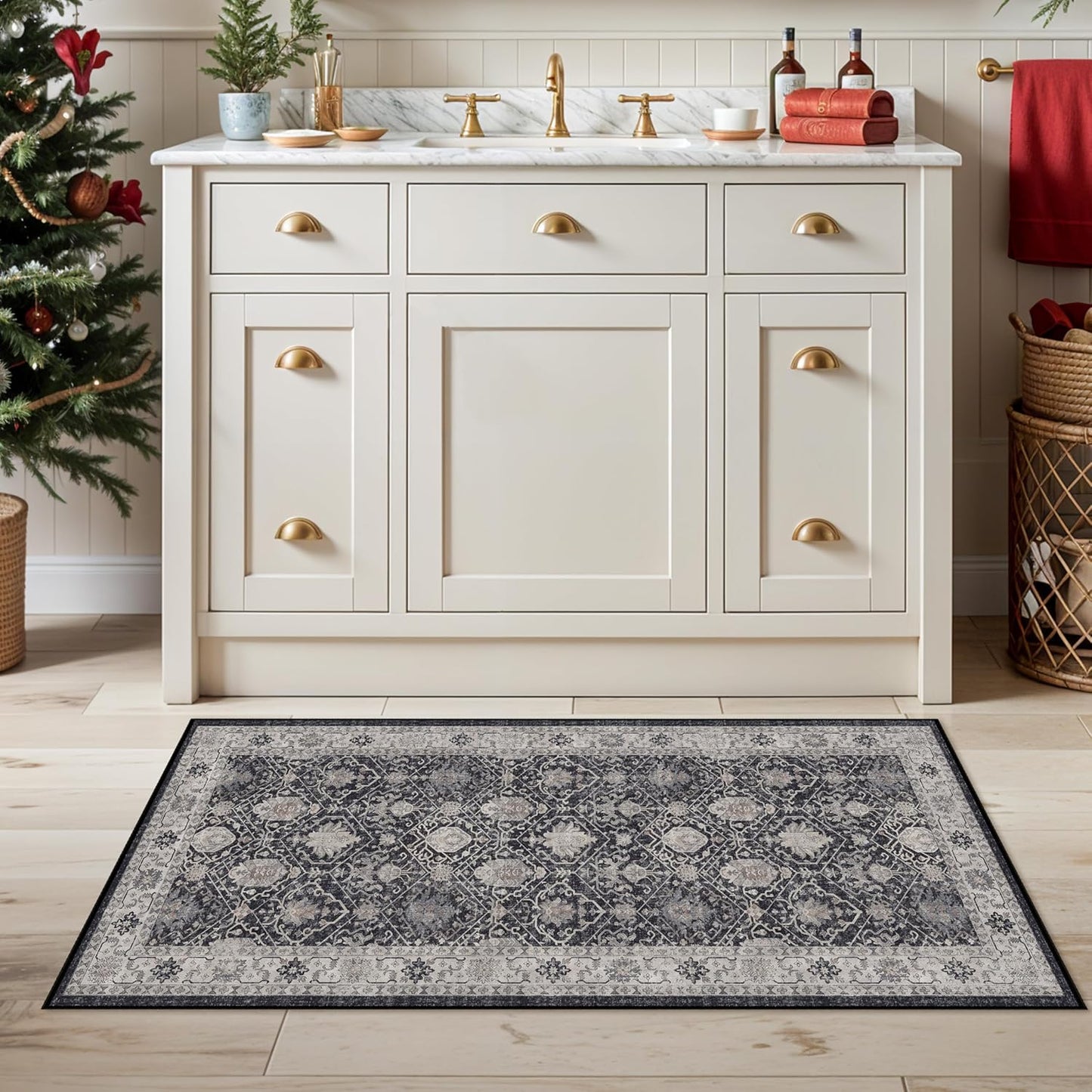 Skiennix Vintage Washable Area Rug - Soft Non-Slip Door Mat | Water-Resistant Low Pile (2x3, Black)