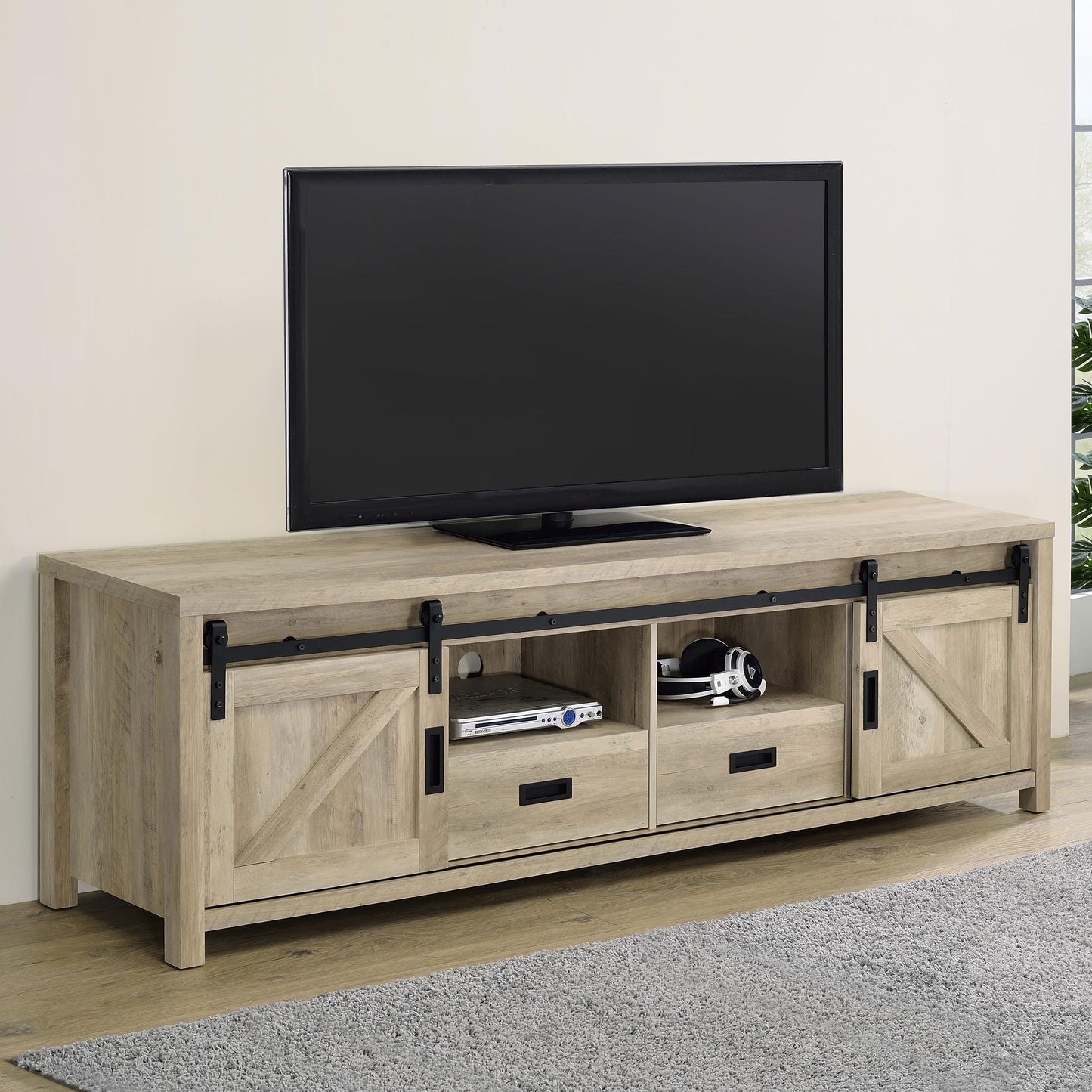 Coaster Home Furnishings - Madra - Engineered Wood - 79-Inch 2-Door TV Stand with Sliding Barn Doors, Open Shelves - Living Room - Distressed Pine - 736263