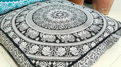 24 Black White Elephant Flower Mandala Mandala Barmeri Large Floor Pillow Cover Cushion Meditation Seating Ottoman