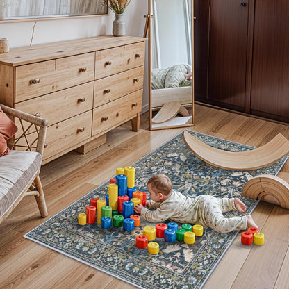 Skiennix Washable 3x5 Entryway Area Rug - Ultra Soft Low Pile Carpet | Anti-Slip Floral Design