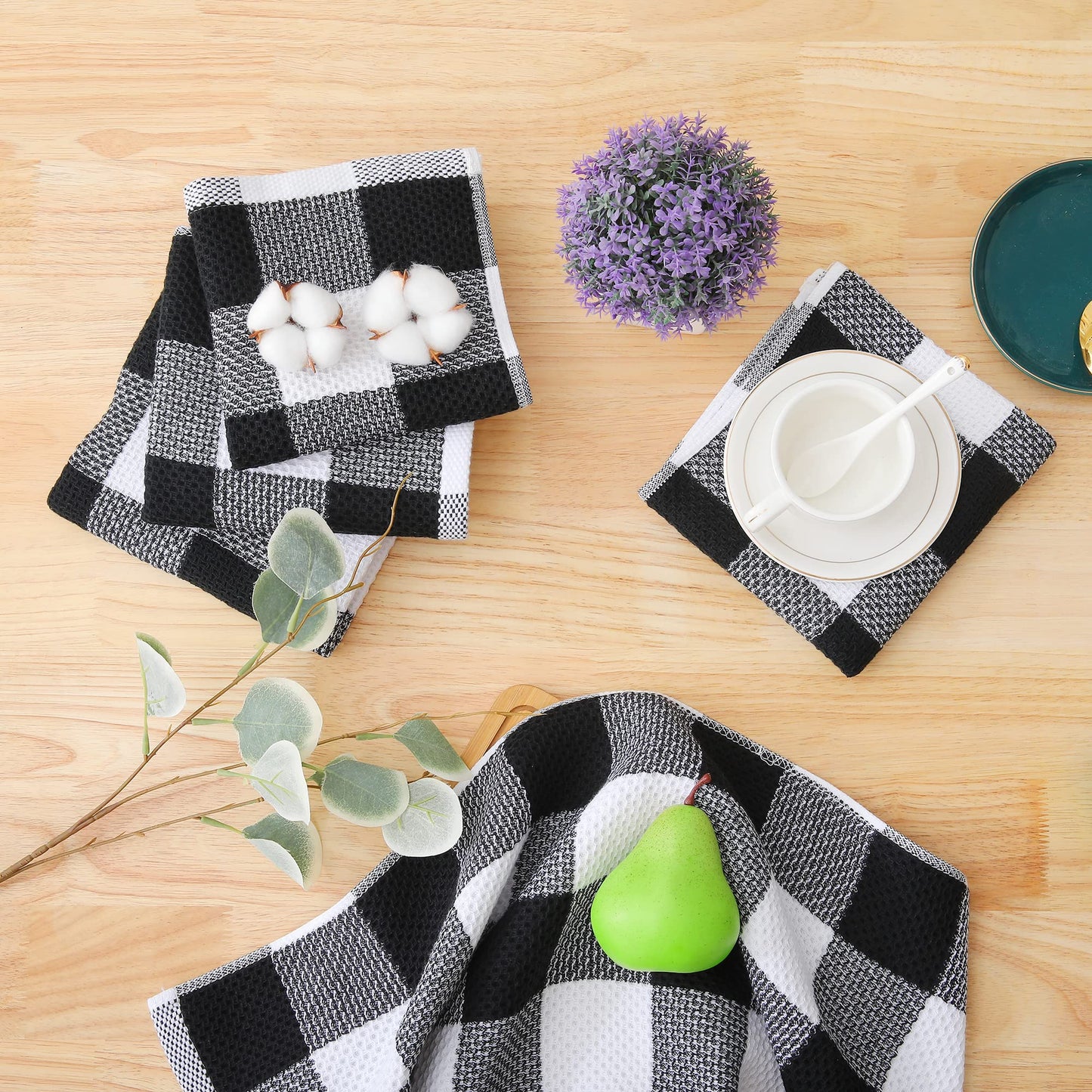 Homaxy Kitchen Towels and Dishcloths Set, 12 x 12 and 13 x 28 Inches, Set of 8 100% Cotton Waffle Weave Check Plaid Kitchen Dish Towels, Super Soft and Absorbent Dish Cloths, White & Black