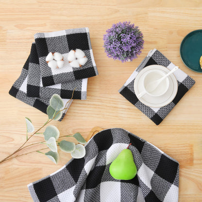 Homaxy Kitchen Towels and Dishcloths Set, 12 x 12 and 13 x 28 Inches, Set of 8 100% Cotton Waffle Weave Check Plaid Kitchen Dish Towels, Super Soft and Absorbent Dish Cloths, White & Black