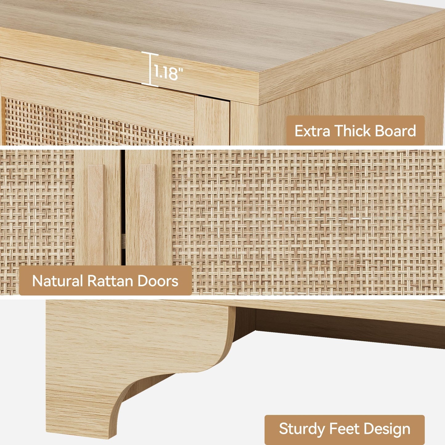 GAOMON TV Stand for TVs Up to 65'', Natural Rattan Entertainment Center with Storage Cabinets, Boho Media Console Table for Living Room, Farmhouse Cabinet, Oak