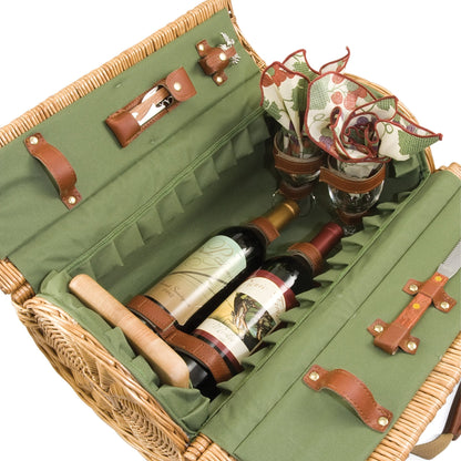 PICNIC TIME Verona Wine & Cheese Picnic Basket, Romantic English-Style Rounded Wooden Wicker Basket with Deluxe Service for 2, Fully-lined Interior and Handwoven, (Pine Green)