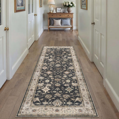 HUGEAR 2x6 Runner Rug Hallway Vintage Black Machine Washable Retro Floral Low Pile Carpet Vacuumable Distressed Long Throw Rug Bedroom Office Bathroom Kitchen Farmhouse Playroom Non Slip
