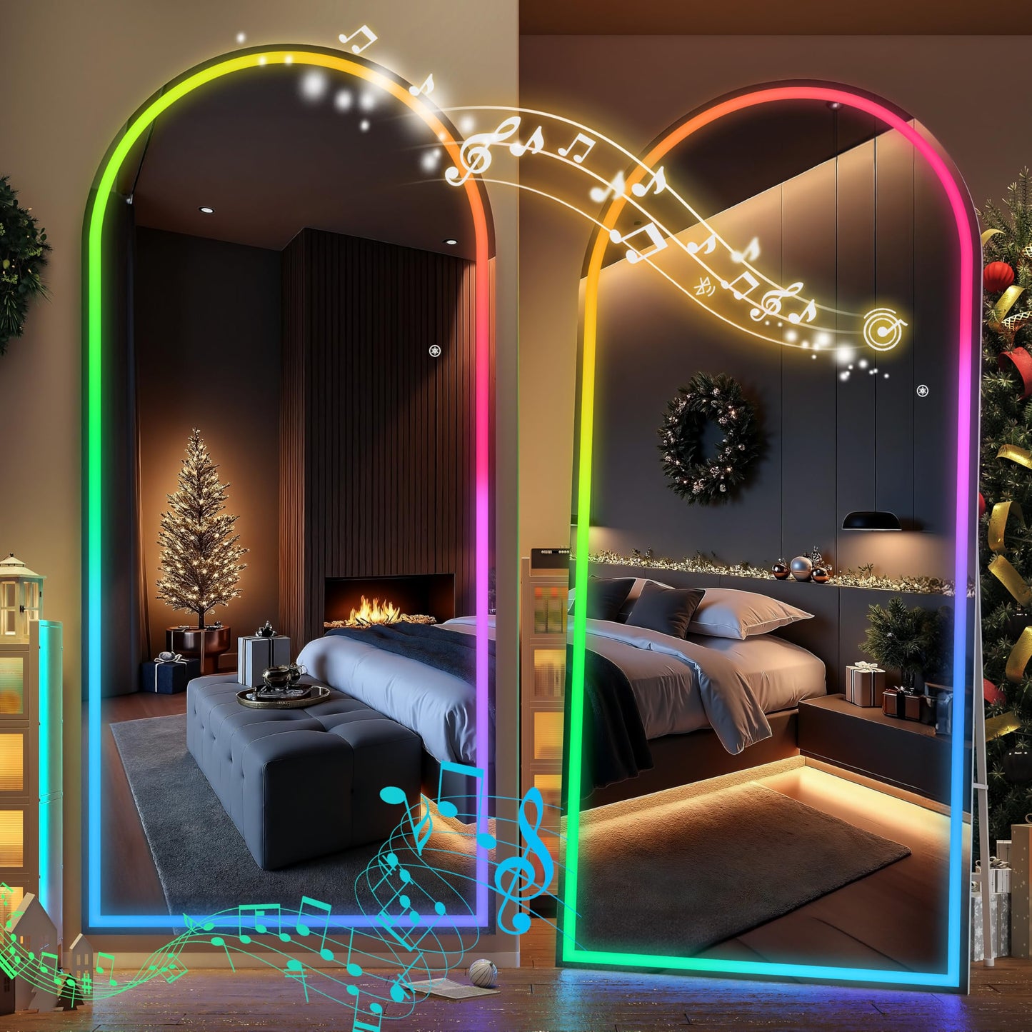Hasipu Arch Full Length Mirror 81 x 34 in with Stand — Arch LED RGB Full Body Mirror, 7 Lighting Modes, Dimmable, Built‑in Bluetooth Speaker, White Frame for Bedroom Dressing Room