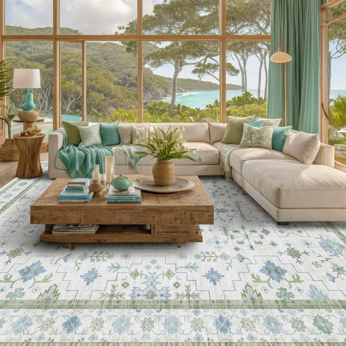Oriental 10x14 Rug Living Room - Washable Oushak Boho Extra Large for Bedroom Non Slip Soft Faux Wool Carpet for Dining Room Playroom - Cream Blue and Green Floral Rug
