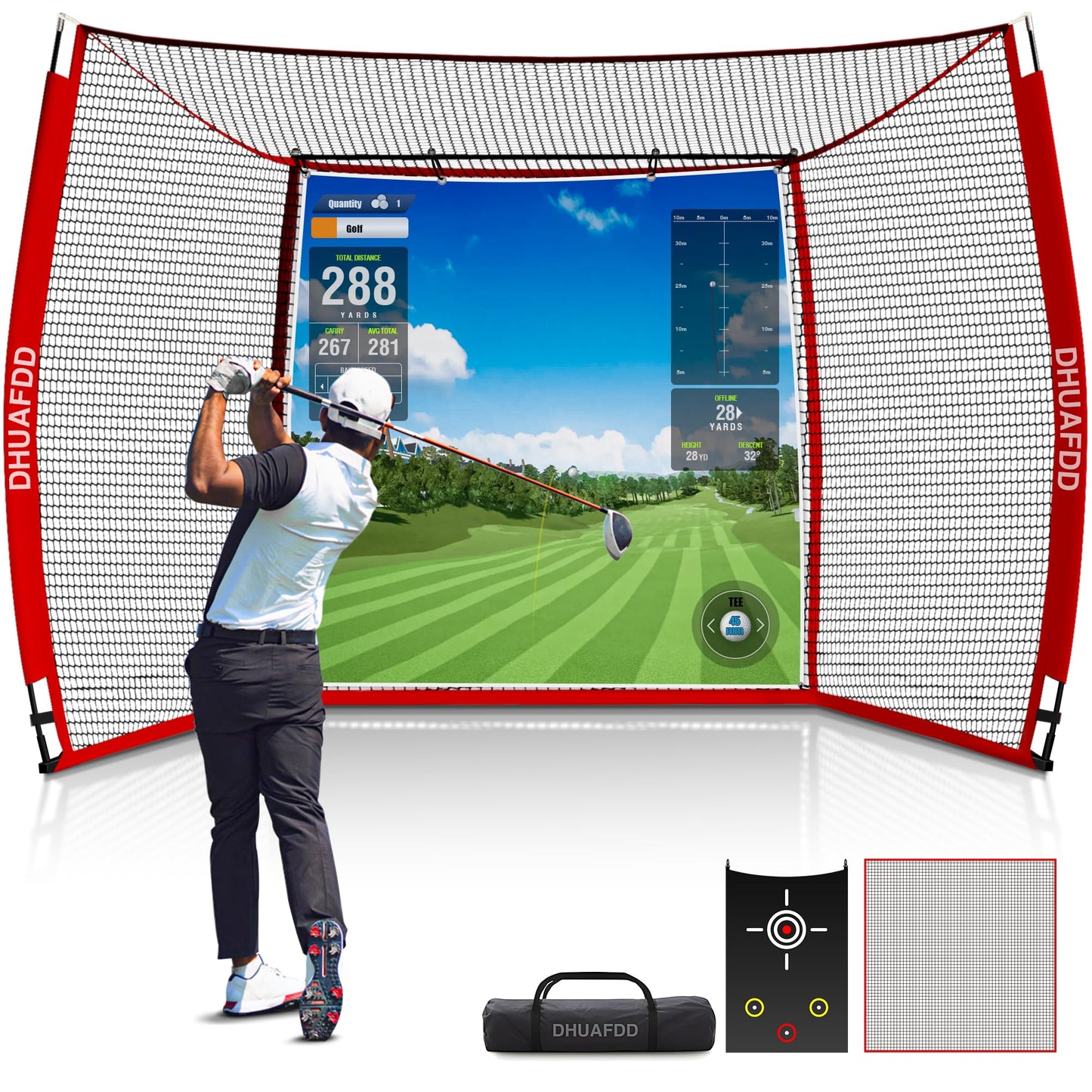 DHUAFDD Golf Hitting Net with Impact Screen 10 X 8 ft Golf Net with HD Simulator Screen & Target Cloth for Home Backyard Garage Golf Simulator Cage for Swing Training Indoor Outdoor Use