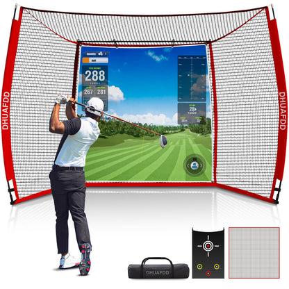 DHUAFDD Golf Hitting Net with Impact Screen 10 X 8 ft Golf Net with HD Simulator Screen & Target Cloth for Home Backyard Garage Golf Simulator Cage for Swing Training Indoor Outdoor Use