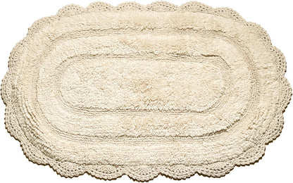 Chardin Home Ivory Crochet Bathrug, 100% Cotton Oval Bathmat with Handcrafted Crochet Border, 21x34 Inch