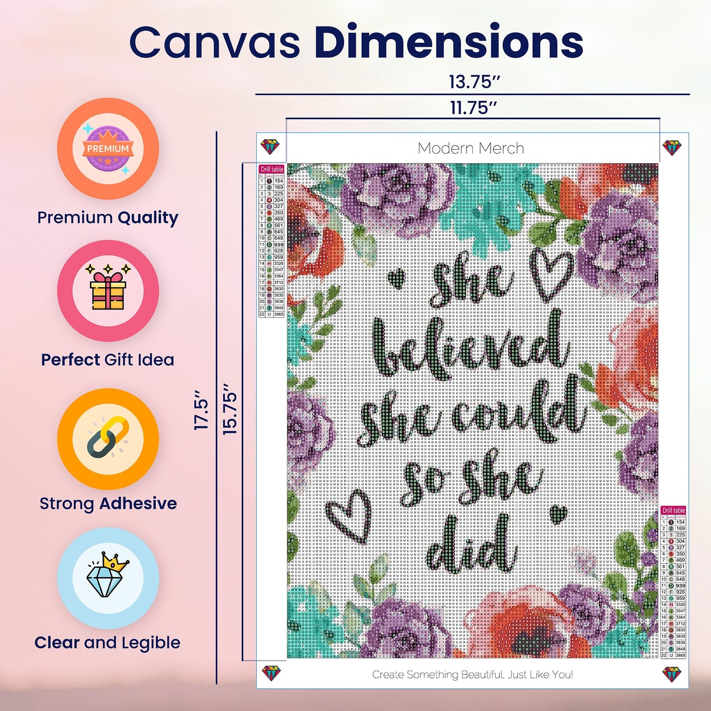 Modern Merch Inspirational Diamond Art for Adults DIY Motivational Quote Wall Art Floral 5D Diamond Painting for Adults, Flowers Cross Stitch Gem Art, Round Drill 12x16