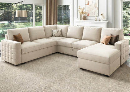 HONBAY Sectional Sleeper Sofa with Pull-Out Bed Storage Chaise, 6 Seaters Couch for Living Room, Beige