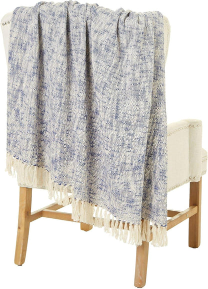 LR Home 50x60 Inch Soft Hand-Woven Distressed Fall Blanket Blue/Ivory | Warm Throw for Bed, Sofa, Couch, Living Room