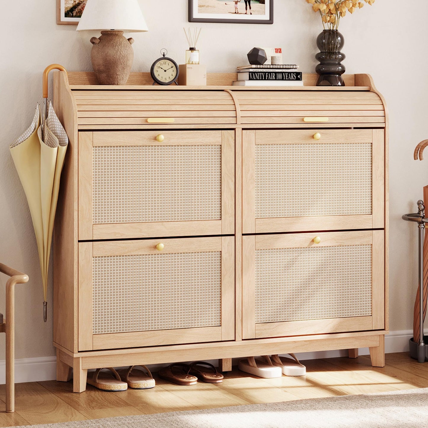 LINSY Shoe Storage Cabinet, Rattan Shoe Cabinet Wood Shoes Rack Cabinets with Sliding Tambour Door, Large Flip Drawer Shoe Cabinet Boho Hidden Shoe Storage for Entryway, Front Door, Hallway, Oak