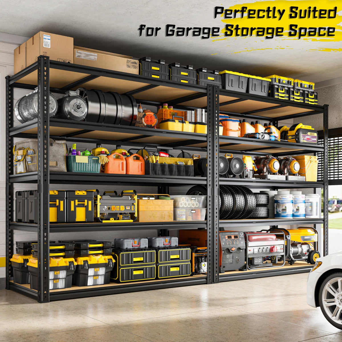 48" W Garage Shelving Heavy Duty 3080LBS Garage Storage Shelving, 5 Tier Adjustable Metal Shelving Unit Utility Rack Shelf for Warehouse, Pantry, Closet, Kitchen 72" H x 48" W x 24" D, Black,2PCS