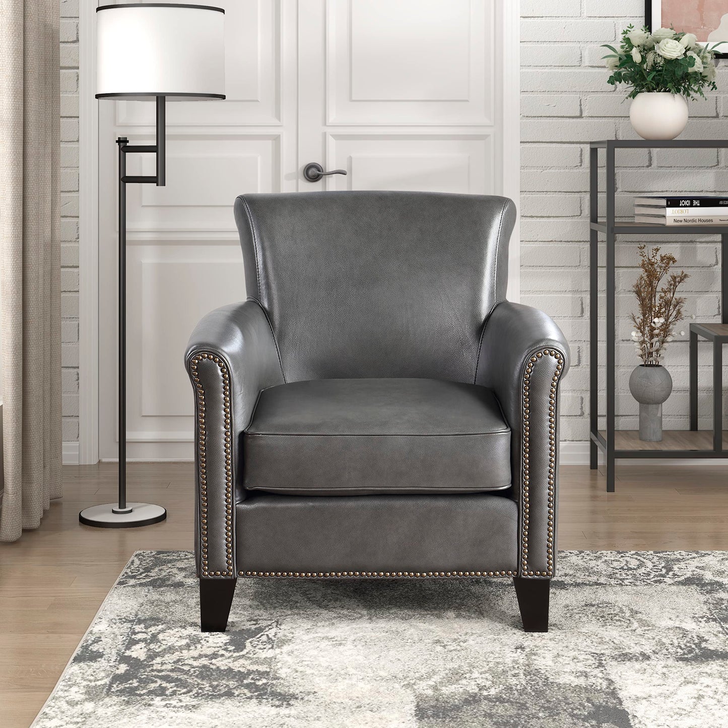 Lexicon 100% Top Grain Genuine Leather Chair, Leather Accent Chairs for Living Room, Solid Wood Frame, Rolled Armrest & Nailhead Trim, Comfy Reading for Bedroom, Office, Waiting Room, Classic Gray