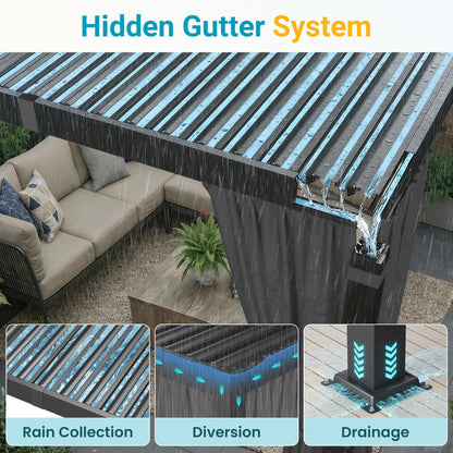 10' x 12' Louvered Pergola, Outdoor Pergola with Curtains & Netting, Metal Patio Pergola with Adjustable Louvers Roof and Gutter System, Metal Hardtop Gazebo for Patio, Deck, Garden, Yard, Dark Gray