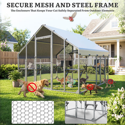 YITAHOME 94 Inch Outdoor Cat Enclosure, Extra Large Outdoor Cat House for Multiple Cats, Metal Cat Cage with Weatherproof Roof, 7 Platforms, 2 Resting Box and Cat Hammock Bed