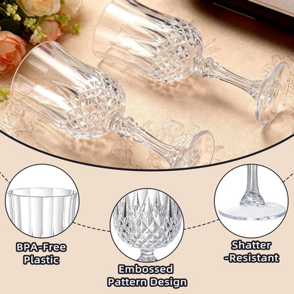 JUSONEY 7oz Vintage-Inspired Plastic Wine Glasses | 48-Piece Crystal Textured Plastic Goblets，Disposable Wine Glasses for Weddings, Parties & Elegant Events(48-Pink)
