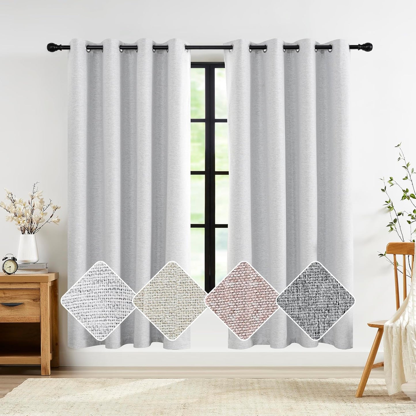 Windows,Grommet 2 52" 54" Jubilantex Light Grey Linen Full Blackout Curtains for Bedroom Burlap Style Light Blocking