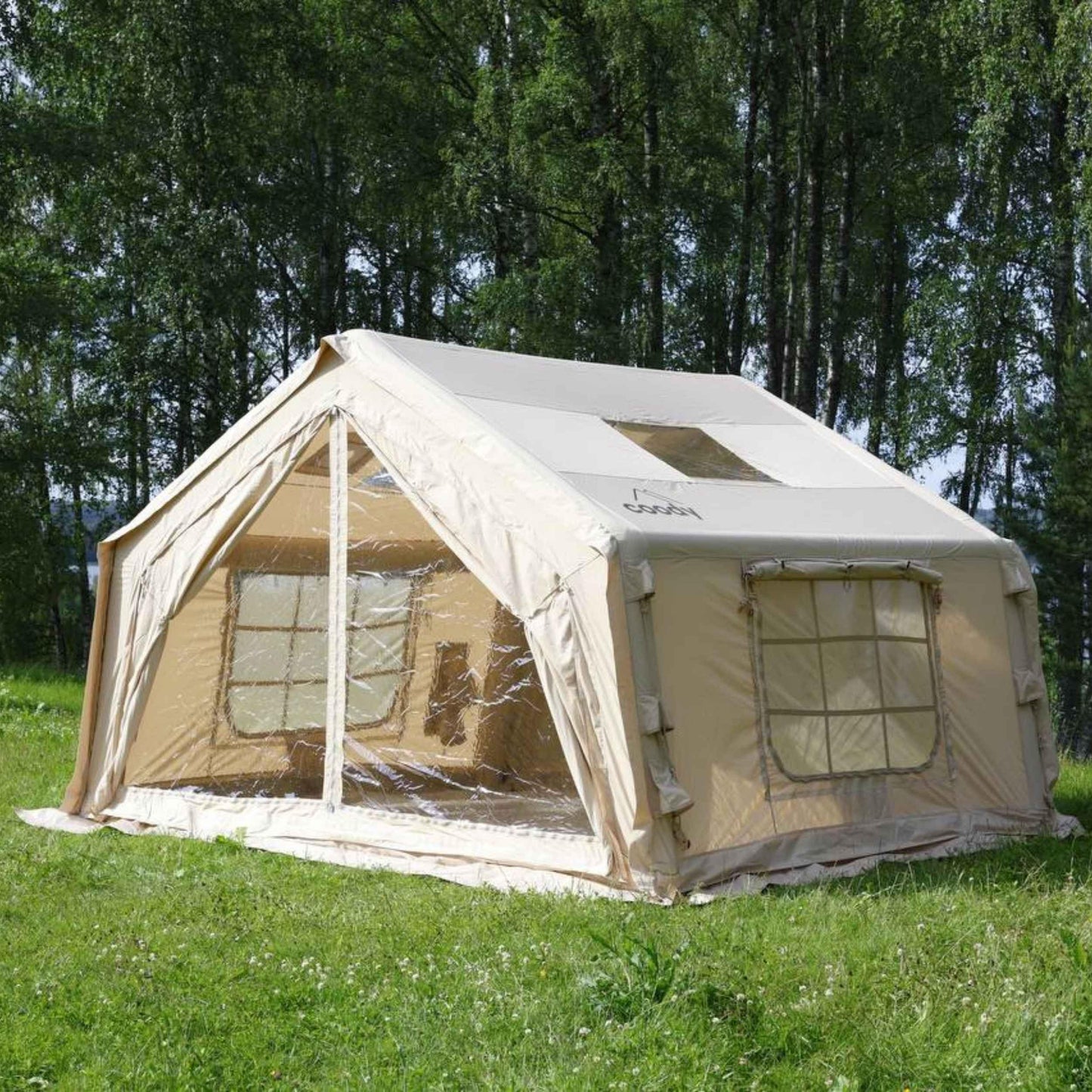 Coody 10.0 Inflatable Canvas Camping Tent for 2–4 People – Premium Air Beam Glamping Tent with Stove Jack, Breathable TC Cotton Canvas, Fast Setup Inflatable Family Tent with Pump, Beige