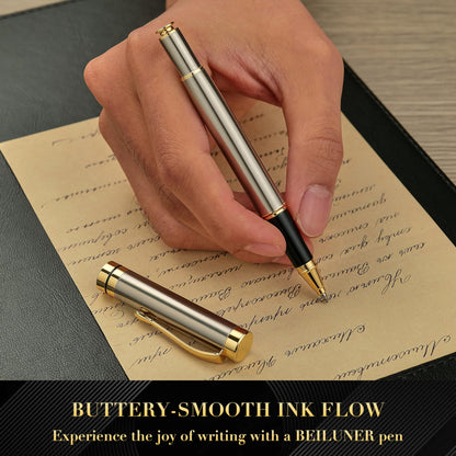 BEILUNER Ballpoint Pens, Stunning Silver Chrome Metal Pen with Golden Trim, Best Ball Pen Gift Set for Men & Women, Professional, Executive, Office, Nice Pens-Gift Box with 0.5mm Extra Black Refill