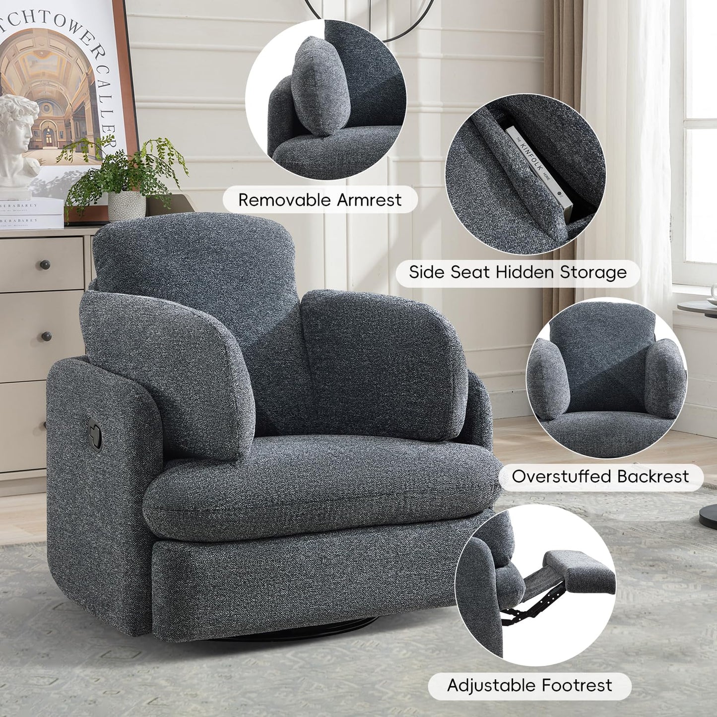 Bonzy Home Manual Recliner Chair, 360°Swivel Rocker Recliner Chair for Adults, Overstuffed Nursery Rocking Reclining Sofa with 2 Pillows and Hidden Storage, Dark Grey