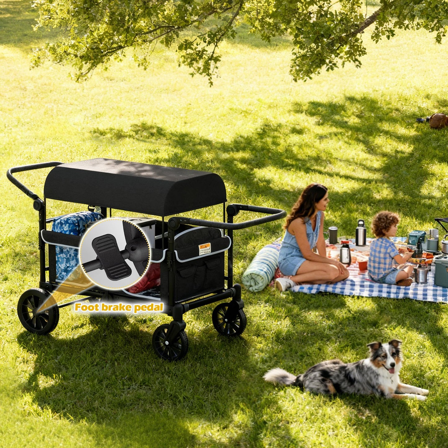 Xilingol 4-Seater Wagon Stroller for Kids, Foldable Outdoor Wagon with Canopy, Adjustable Handle, 5-Point Harness, Detachable Tray & Carry Bag (Black)