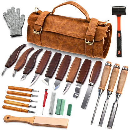 SakerNeo Deluxe Wood Carving Kit whittling kit, 25 Piece Wood Carving Tools with Thick Leather Storage Bag,wood carving set-Ideal Woodworking Tools and Hobbies for Beginners Enthusiasts Gift DIY