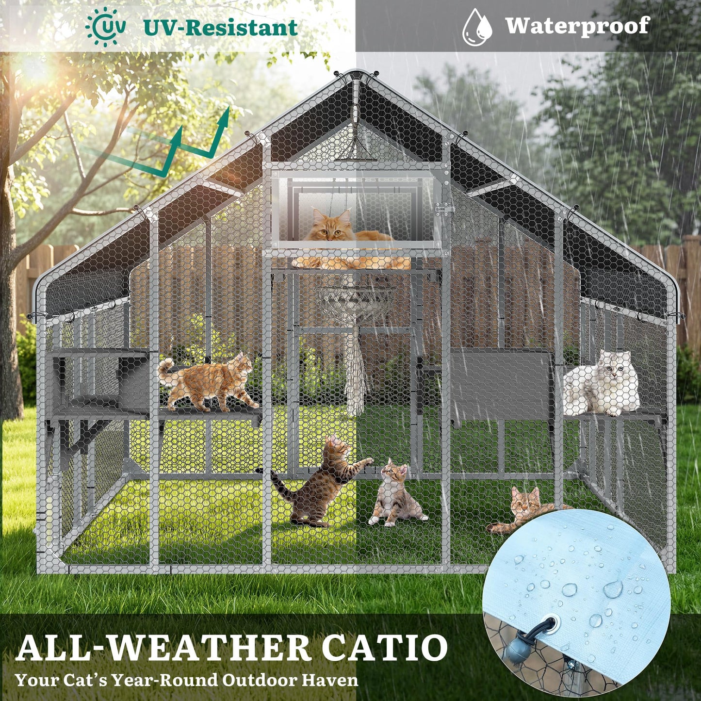 YITAHOME 94 Inch Outdoor Cat Enclosure, Extra Large Outdoor Cat House for Multiple Cats, Metal Cat Cage with Weatherproof Roof, 7 Platforms, 2 Resting Box and Cat Hammock Bed