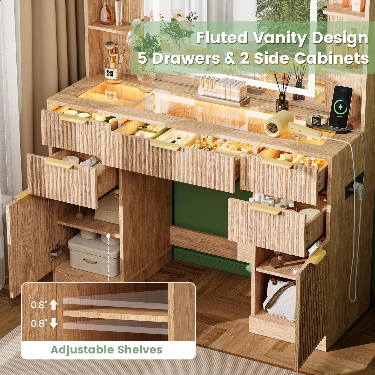 Fkhouse Fluted Vanity Desk with 30.2" Mirror and Lights, Glass Top Makeup Vanity with Desktop Light Strips, 5 Drawers, 2 Cabinet & 6 Open Shelves, Power Outlet, Lighting Adjustable,Natural