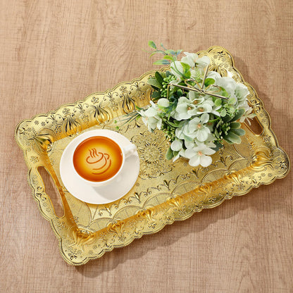 LemonRoad 6 Packs Plastic Gold Serving Trays with Handles 17 x 11 inch Retro 3D Embossed Rectangle Reusable Party Snack Decorative Serving Trays for Tea Coffee Fruit Dessert
