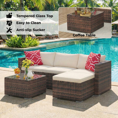 5-Piece Patio Sectional Sofa Set, All-Weather Brown PE Rattan Outdoor Conversation Furniture with Neutral-Tone Cushions, Glass Coffee Table & Footstool, Modular Design for Garden, Porch, Balcony, Pool