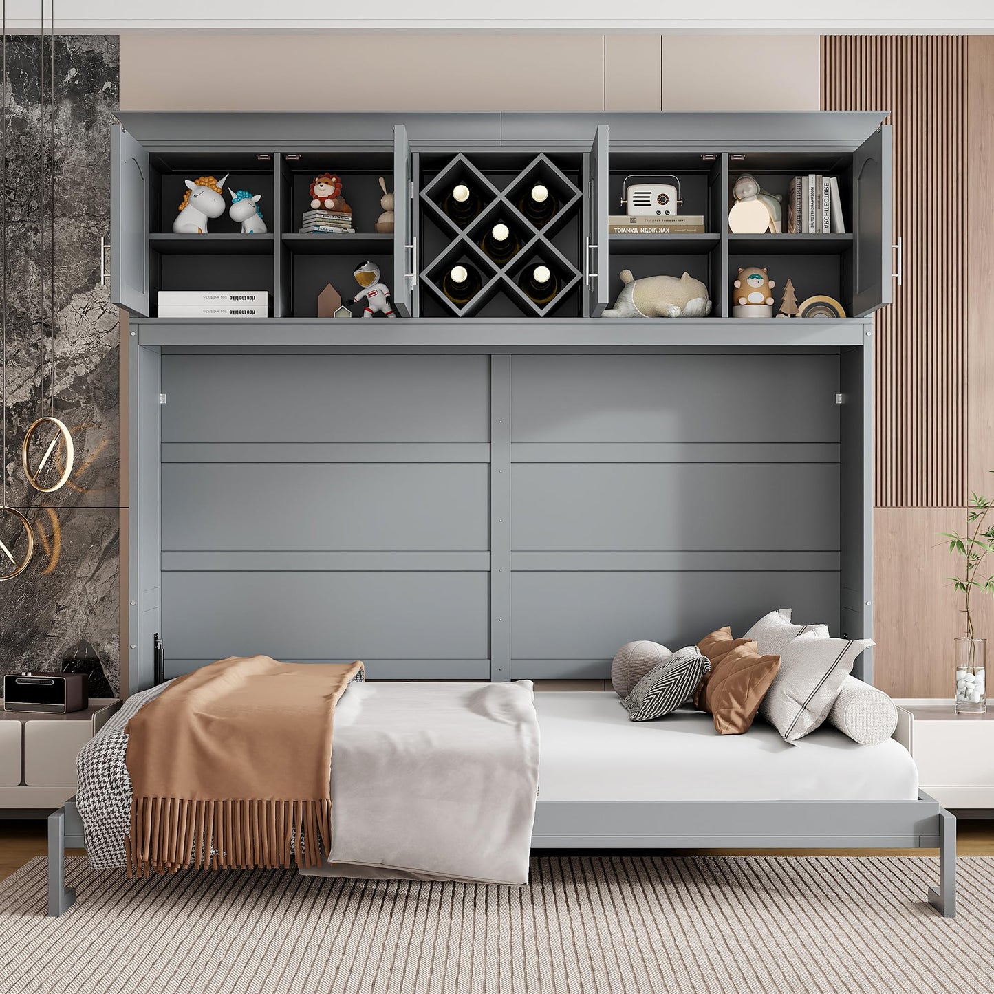 Murphy Bed Queen Size,Murphy Bed with Top Cabinets & Wine Rack,Space-Saving Hideaway Wall Foldable Bed w/Dual Piston Metal Folding Mechanism,Bedroom Folding Bedframe for Guest Room,Gray