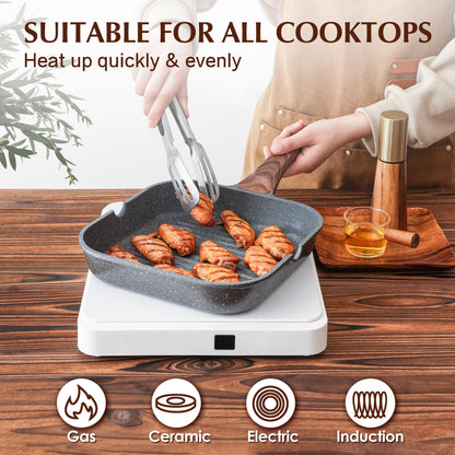 SENSARTE Nonstick Grill Pan for Stove Tops, Versatile Griddle with Pour Spouts, Square Big Cooking Surface, Durable Skillet Indoor & Outdoor Grilling. PFOA Free,12Inch