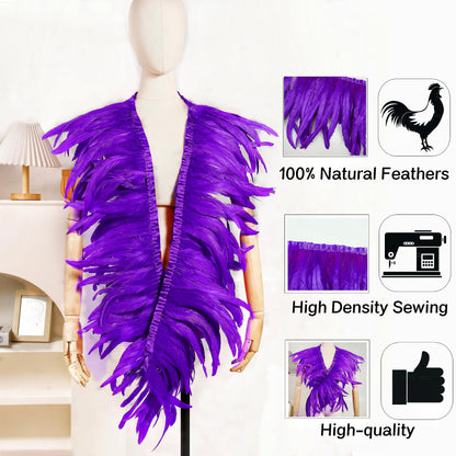 Holmgren Purple Rooster Feather Trim - 10-12inch 2 Yards Large Rooster Tail Feathers Fringe Trim for DIY Sewing Crafts, Feather Cape Shawl, Mardi Gras Party Costume Decoration (Purple)