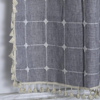 YoKii Boho Kitchen Curtains 36 Inch Length, Modern Farmhouse Cotton Linen Short Window Panel with Gingham Tassel
